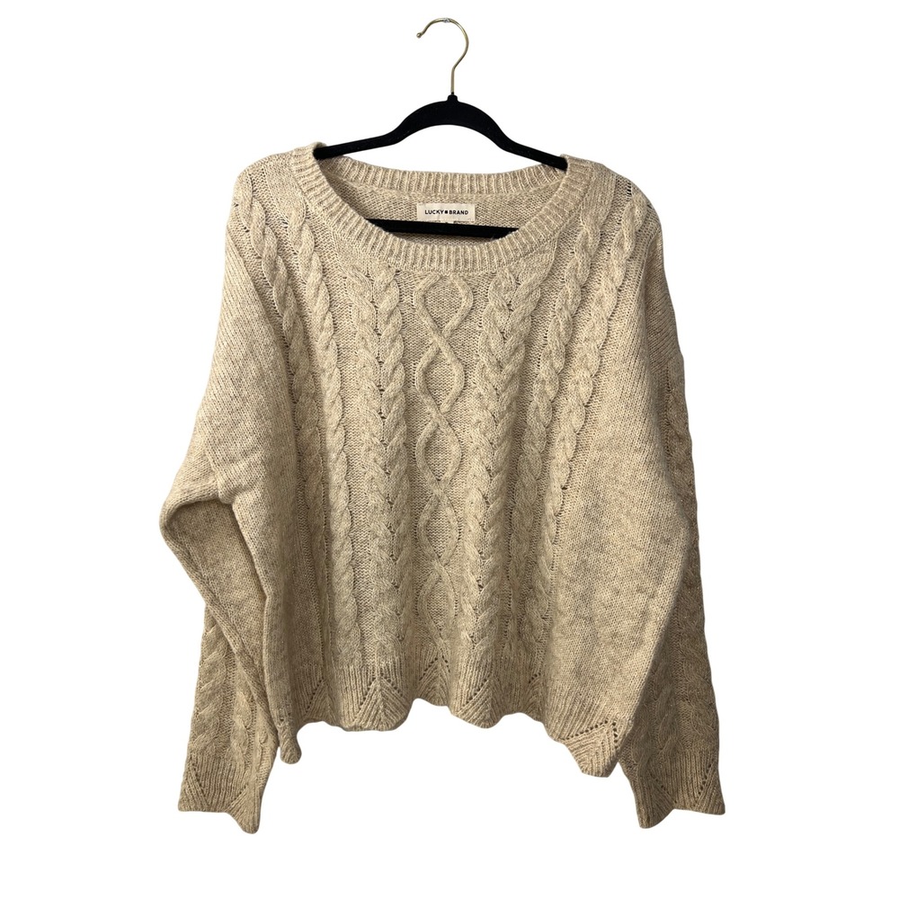 NWT Lucky Brand Cable Knit Tan Sweater XL Boho Costal Cowgirl Preppy Cabincore